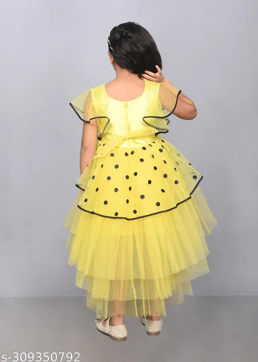 Yellow layered net hi-low party dress for girls aged 1-2 to 9-10, embellished with balloon design, India origin