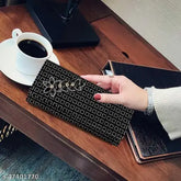 Velvet checkered women's & girls hand clutch with 5 compartments, perfect for daily use. Free size (9in x 5in). Indian artisan-made leather wallet with hidden pocket and multiple card slots