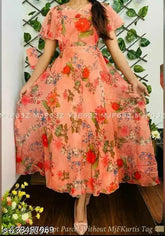 Pretty Georgette Anarkali Gown, digital printed, short sleeves, various sizes available from S to 6XL, pure Georgette with full lining, Indian origin