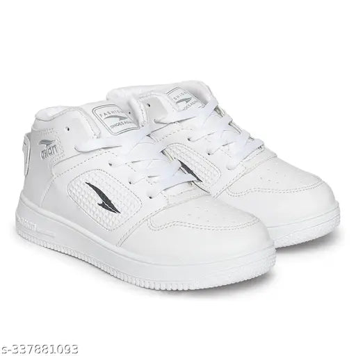 White synthetic leather men's casual shoe by Asian THUNDER, lace-up style with perforations, ideal for boys aged 8-9 years