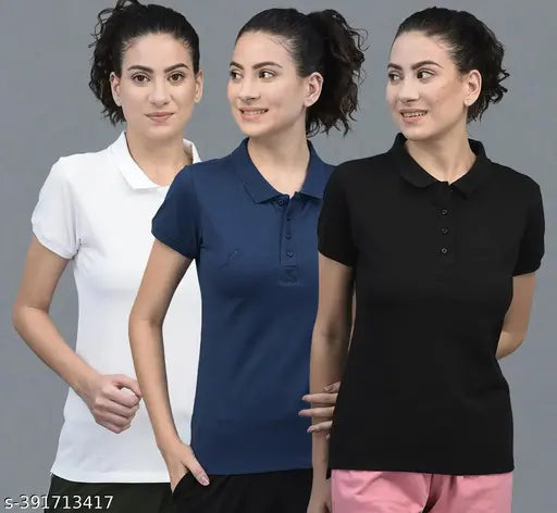 Blue cotton-blend polo neck t-shirts (3 pack) - Dollar Women's athleisure wear, India origin