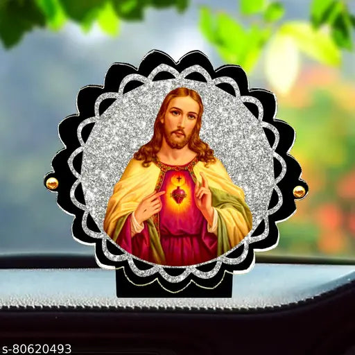 Sparkling acrylic Jesus Christ religious idol, perfect for car decoration, hand-frushed with glittery shine. Ideal gift for various occasions