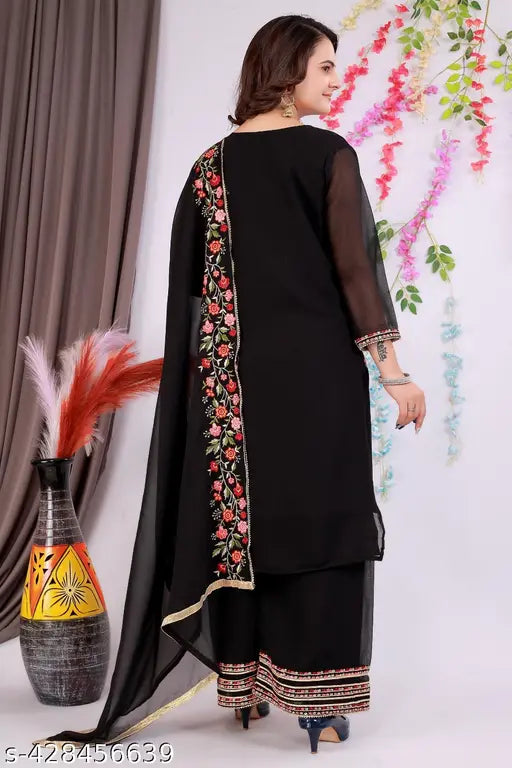 Georgette women's kurti set with palazzo and dupatta, embroidered, three-quarter sleeves, A-line style, single piece from Shraya fashion for special occasions, available on Gillkart