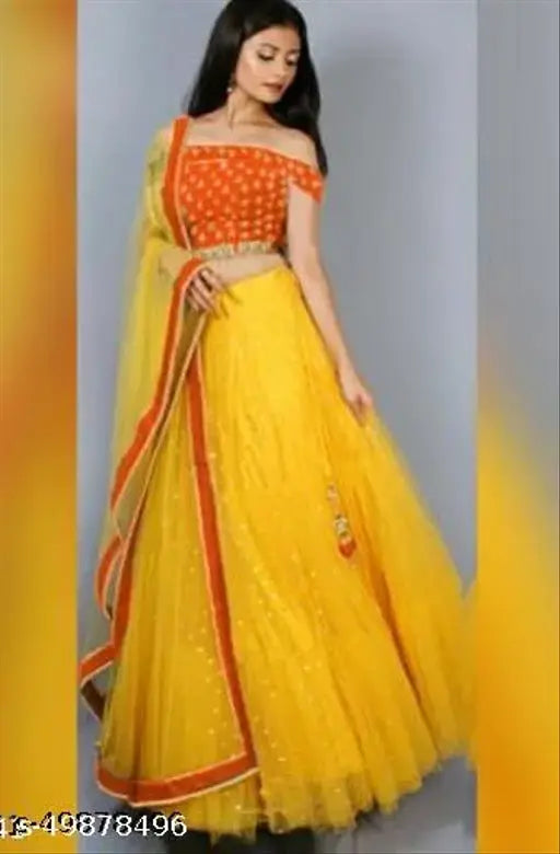 Embroidered designer lehenga set in satin and net fabrics, free size with 1 unstitched blouse. Indian handcrafted embroidery on display