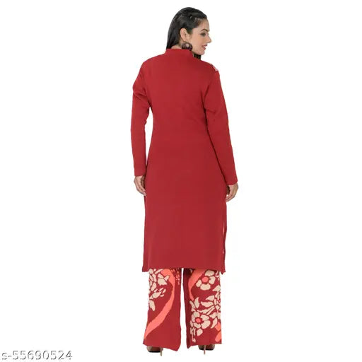 Women's modern full sleeve woolen A-Line Kurta with Palazzo, warm and comfortable printed net winterwear, high-quality wool fabric for all ages and body types, India