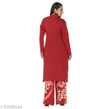Women's modern full sleeve woolen A-Line Kurta with Palazzo, warm and comfortable printed net winterwear, high-quality wool fabric for all ages and body types, India