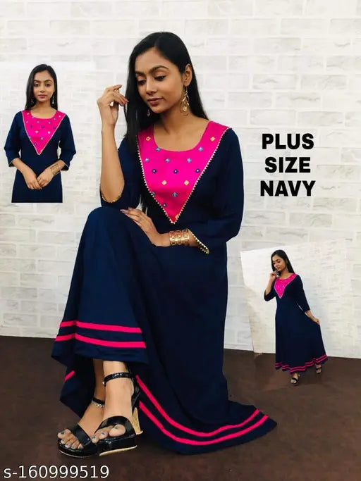 Plus size embroidered rayon gown, three-quarter sleeves, India origin