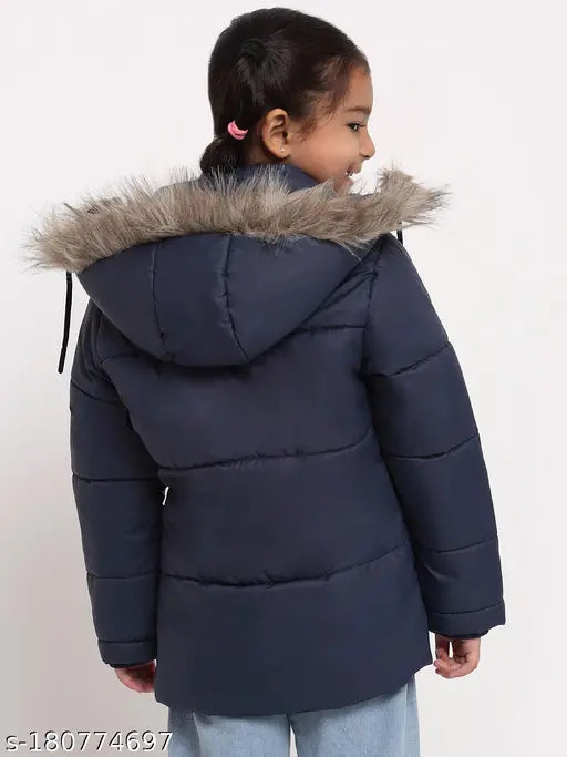 Navy blue girls winter parka, fur jacket with long sleeves, solid pattern, size 4-14 years, made of polyester