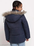 Navy blue girls winter parka, fur jacket with long sleeves, solid pattern, size 4-14 years, made of polyester