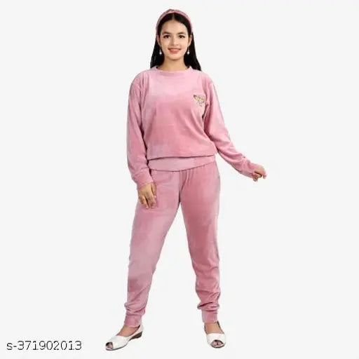 Wool girls winter wear full sweatshirt set, long sleeve solid pattern, 2pcs lounge set for chilly nights - India