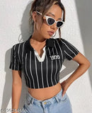 Striped cotton western collar T-shirt for women, solid pattern, short sleeves, perfect for parties or night out