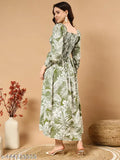 Green crepe three-quarter sleeve printed dress, Indian handcrafted fashion for women