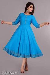 Sky Blue rayon short ghera with three-quarter sleeves, solid design. Single size options available