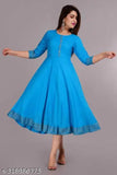 Sky blue rayon three-quarter sleeve ghera for women, solid color from India
