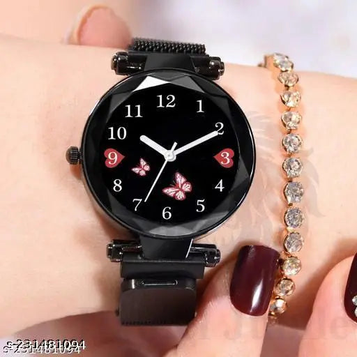 Black stainless steel girls watch with heart butterfly design, perfect for fashion-forward kids
