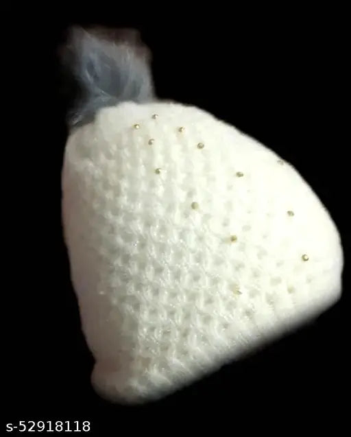 Woolen cap, ladies winter pipeapple style, soft fur interior & pompom, traditional Indian design