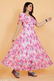 Pink georgette long kurti with short sleeves, digital printed exclusive designer anarkali style for women in multiple sizes (S-6XL) featuring square neck and heavy American crêpe inner material. Indian origin