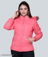 Nylon winter jacket for women and girls, solid color, long sleeves