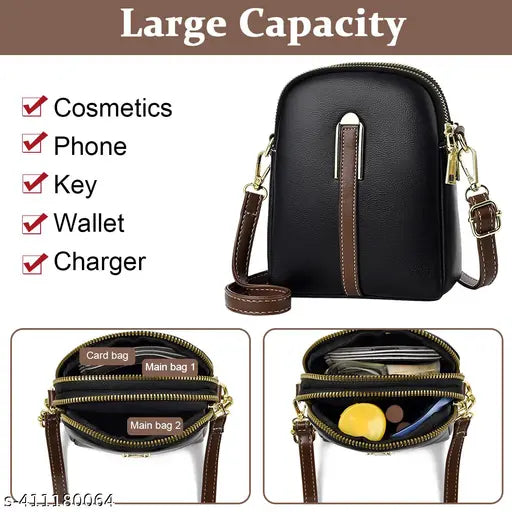 Solid PU crossbody bag for women, double-layered with zipper pouch and detachable belt, casual daily use