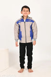 Multicolor reversible winter jacket, warm chiffon fabric for kids, convenient zipper closure, multicolor design on display