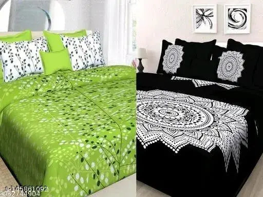 Indian-made, botanical print cotton flat sheets & pillow covers (4), ideal for summer adult use, superfine quality (144 thread count), double queen size