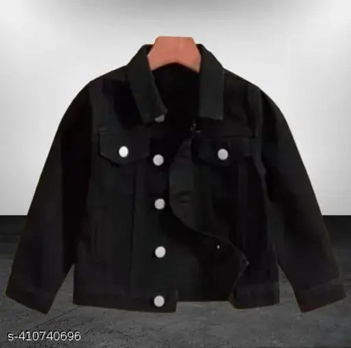 Black denim long-sleeved boy's jacket from India, solid pattern for 9-10 and 10-11-year-olds