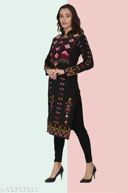 Black woolen A-line printed kurta for women's casual wear, long sleeves, winter season