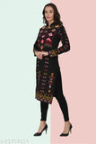 Black woolen A-line printed kurta for women's casual wear, long sleeves, winter season