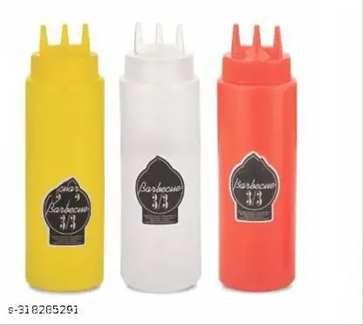 Multicolor refillable sauce dispenser, ideal for ketchup, oil, condiments; wide-mouth, leak-proof, BIS/ISI certified; capacity: 2.5L x 3 pack