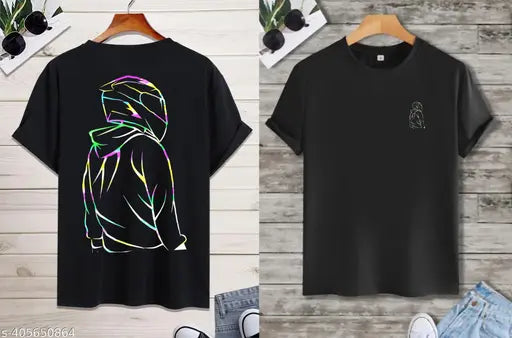 Black cotton T-shirt for men and boys, trendy printed design, short sleeves, size S (chest 36in, length 27in)