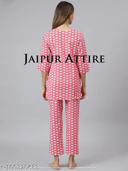 Pink pure cotton printed nightsuit by Jaipur Attire, high-quality Indian-made women's sleepwear with three-quarter sleeves and round neck