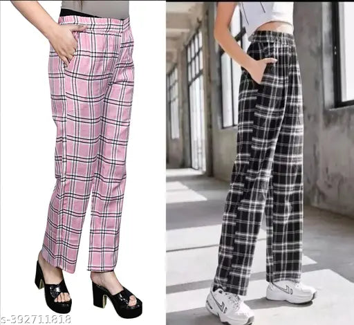 Black and pink check trouser pack of 2 combo, cotton checked pants for women's summer fashion with custom-made quality