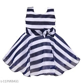 Navy Blue Georgette Sleeveless Striped Dress by Silver Kraft Kids, India