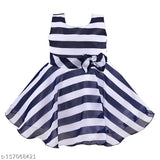 Navy Blue Georgette Sleeveless Striped Dress by Silver Kraft Kids, India