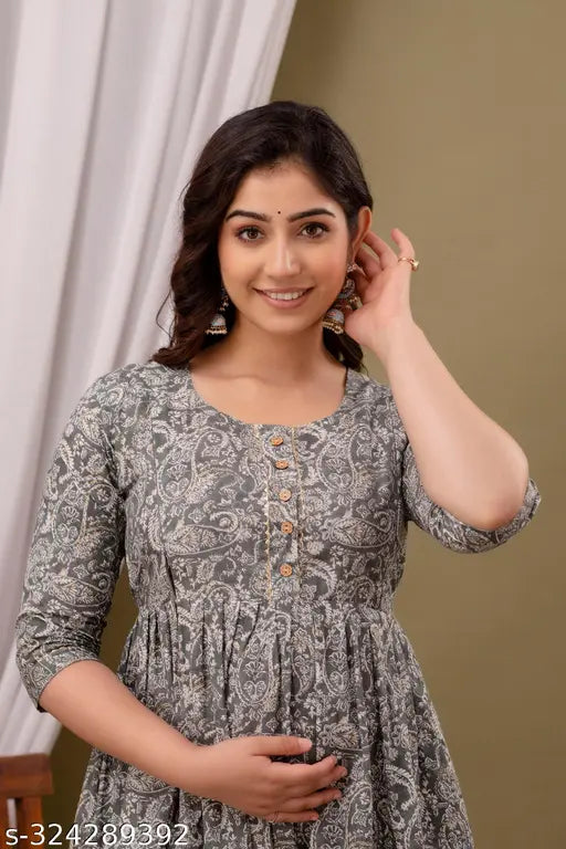 Cotton printed maternity Anarkali feeding kurti, flare and regular calf length gown, loose and tight feature, back tie adjust fit, Indian origin