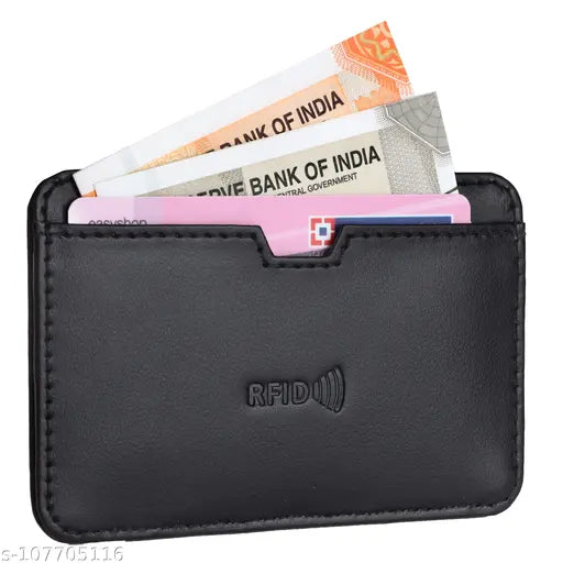 Black faux leather slim wallet, RFID protected with 4 compartments for credit cards, designed in Britain for men's everyday essentials