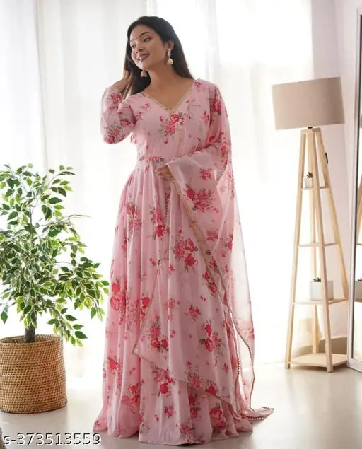 Stylish fancy printed Georgette maxi dress with digital flower print, long sleeves and matching dupatta, India origin