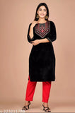 Black velvet kurta with embroidered yoke design, three-quarter sleeves - women's winter wear from India
