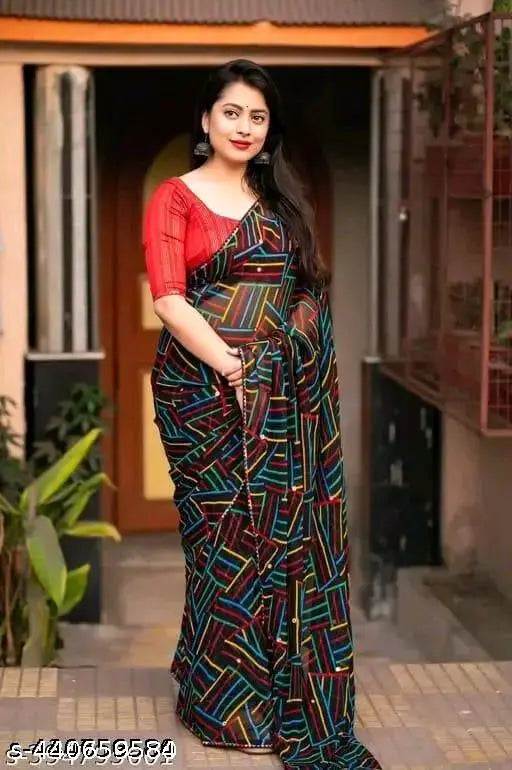 Multicolor striped Kalamkari print Georgette saree for women, free size, India