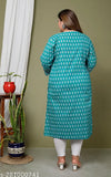 Blue plus size floral print cotton kurta, three-quarter sleeves, Avnii women's fashion on model