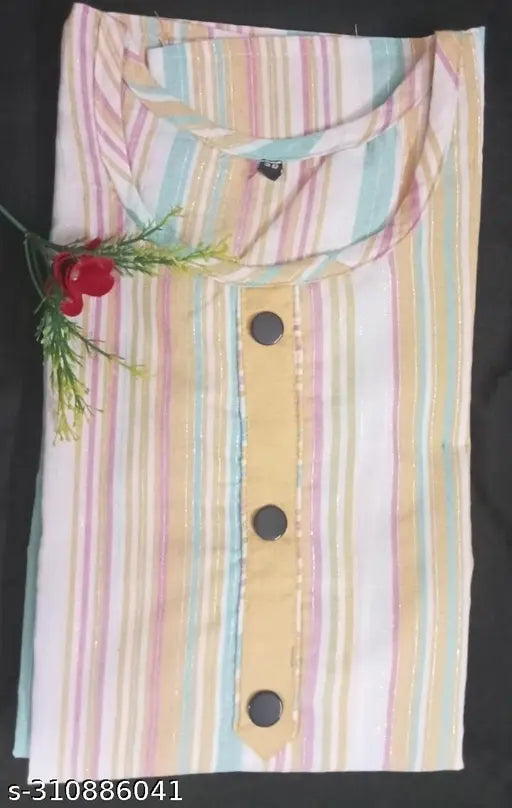 Yellow striped cotton kurti palazzo for women, three-quarter sleeves, Indian origin