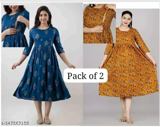 Rayon maternity anarkali feeding kurta set, two print combo, three-quarter sleeves