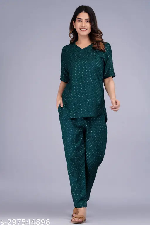 Bottle green polka dot rayon nightwear set with side pocket, comfortable sleep and lounge wear for ladies & girls