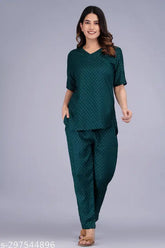 Bottle green polka dot rayon nightwear set with side pocket, comfortable sleep and lounge wear for ladies & girls