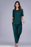 Bottle green polka dot rayon nightwear set with side pocket, comfortable sleep and lounge wear for ladies & girls