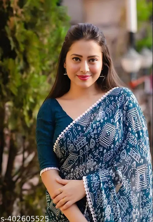 Chiffon saree new collection, printed pattern, free size (5.5m x 0.8m), Indian origin