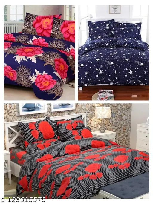 Polycotton floral double king size bedsheets set, ideal for AC rooms and anniversaries. Semwal Creations combo includes 3 sheets and 6 pillow covers." (108 characters)