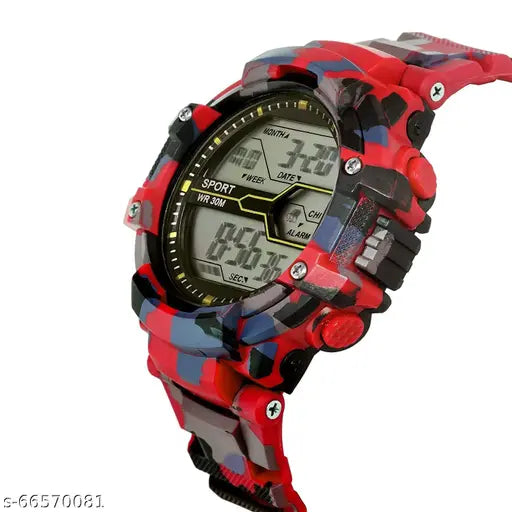 Army Print Digital Watch, red dial with multicolor strap for men and boys, free size watch on display