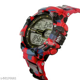 Army Print Digital Watch, red dial with multicolor strap for men and boys, free size watch on display