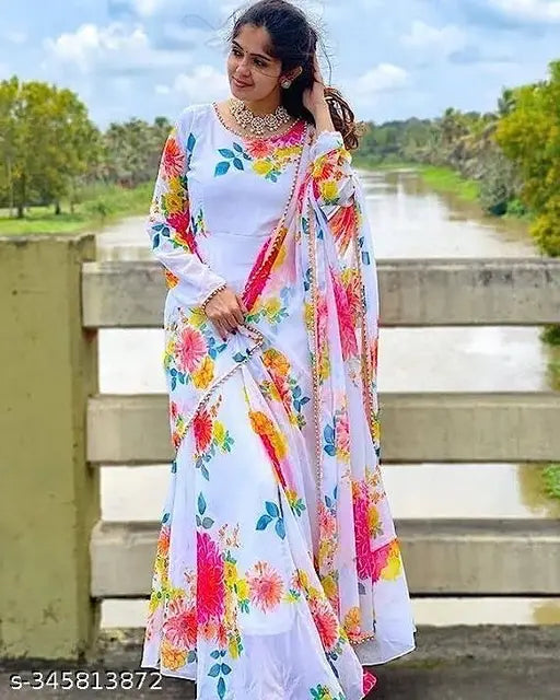 White and multi-color Georgette floral printed women's gown with dupatta, suitable for party or wedding wear